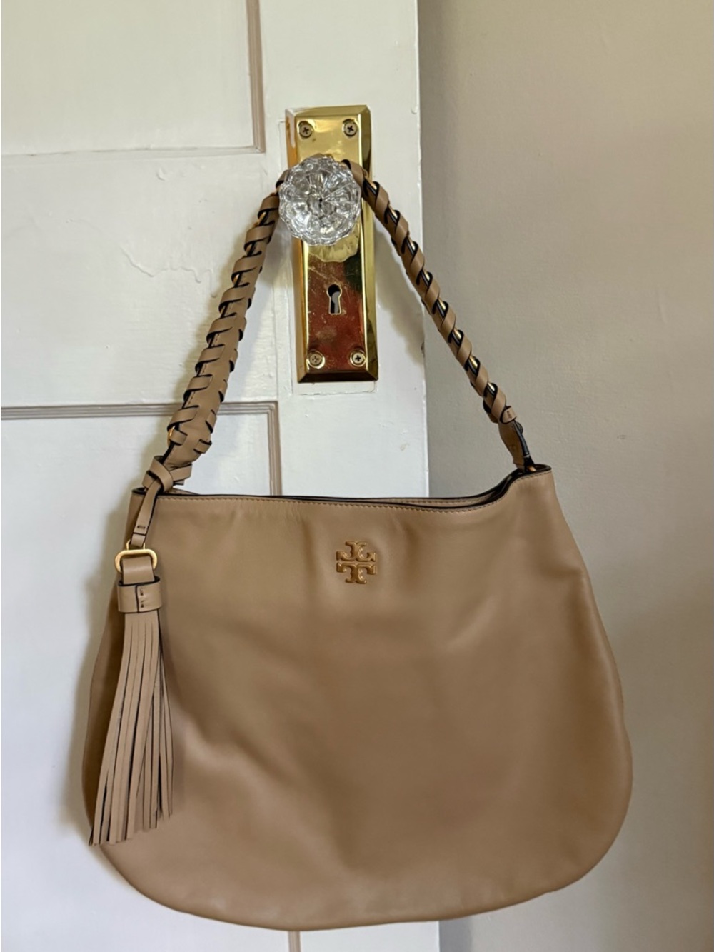 Tory Burch Beige Leather Hobo with Braided Strap & Tassel